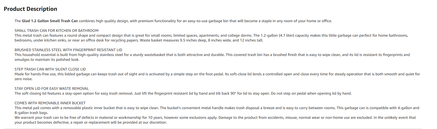 Text-only Amazon product description example before Premium A+ content