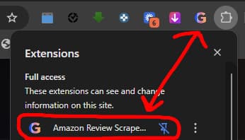 Chrome extensions dropdown showing the installed Amazon Review Scrape extension highlighted with a red outline and arrow.