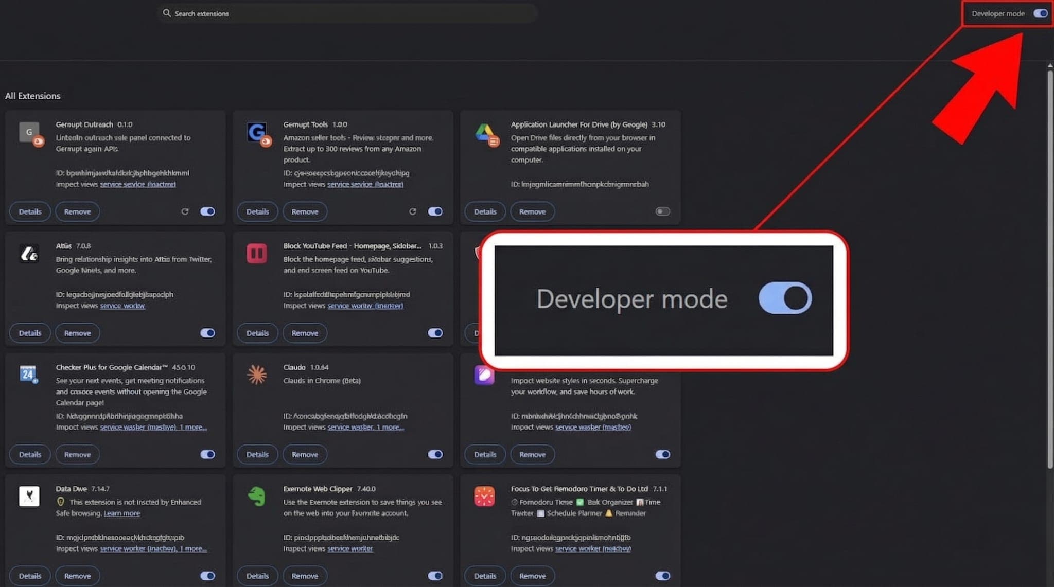 Chrome extensions page showing the Developer mode toggle in the top-right corner.