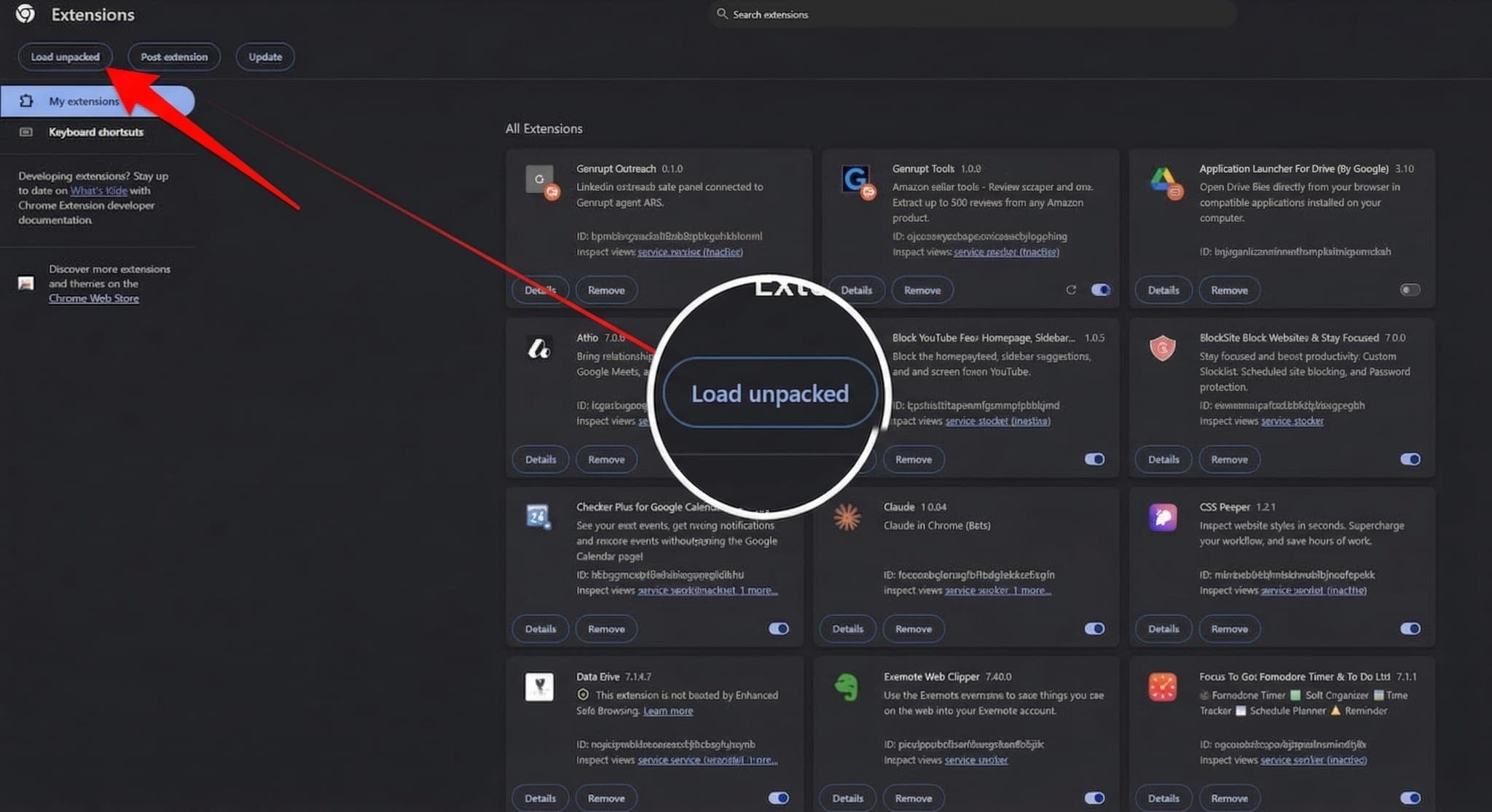 Chrome extensions page showing where to click the Load unpacked button.